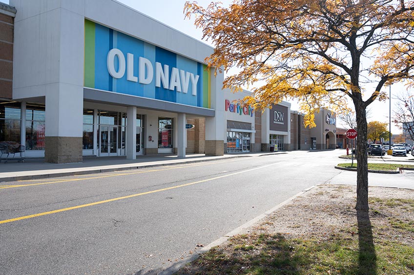 Detailed view of Gateway Center shopping center with various stores.