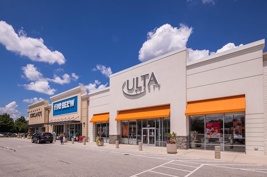 Storefronts at Goucher Commons shopping center.