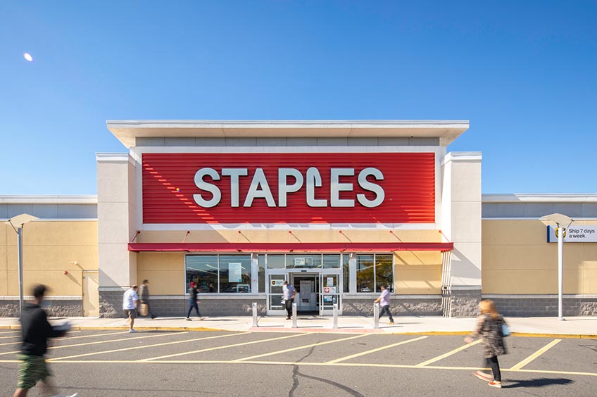 Staples storefront at Hudson Mall shopping center.