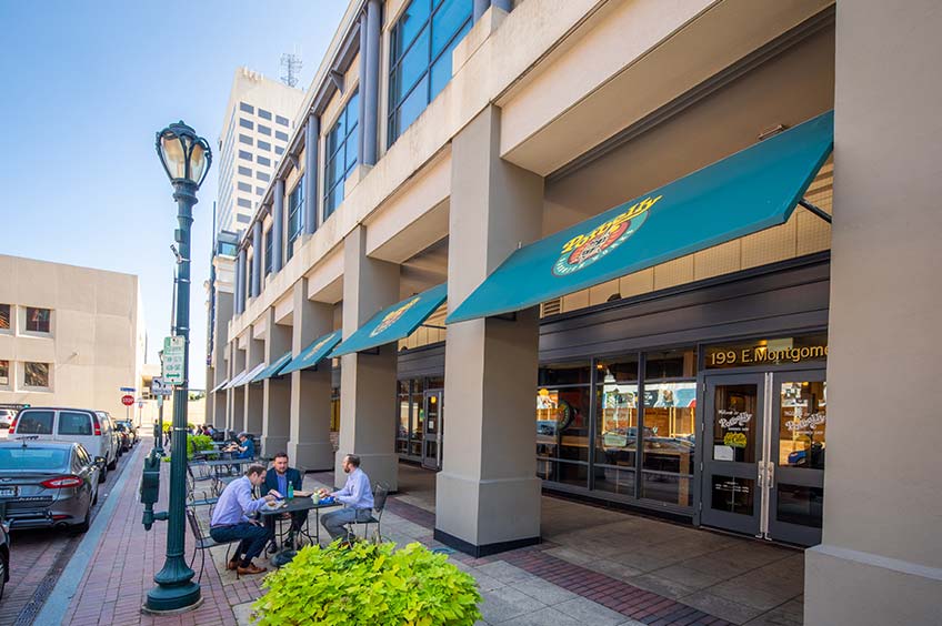 Storefronts at Rockville Town Center shopping center.