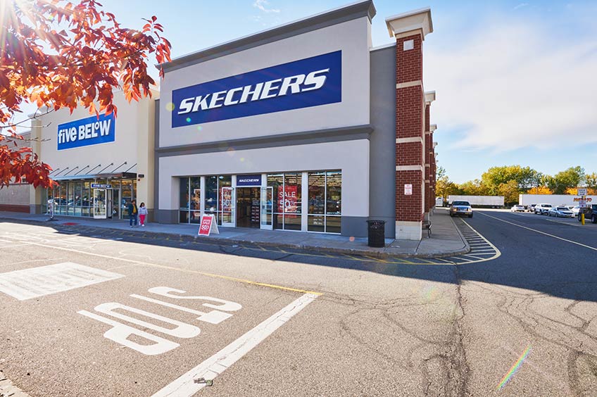 Skechers storefront at Tonnelle Commons shopping center.