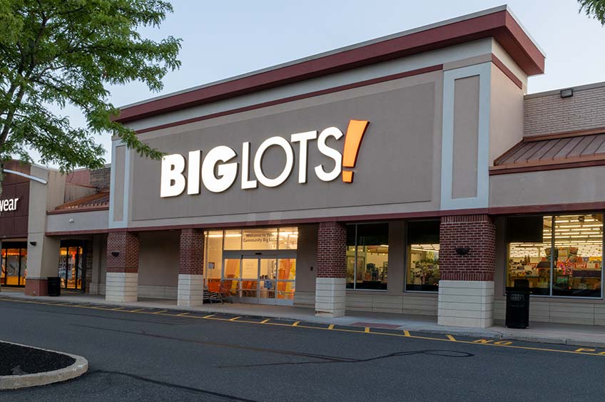 Big Lots storefront at Town Brook Commons shopping center.