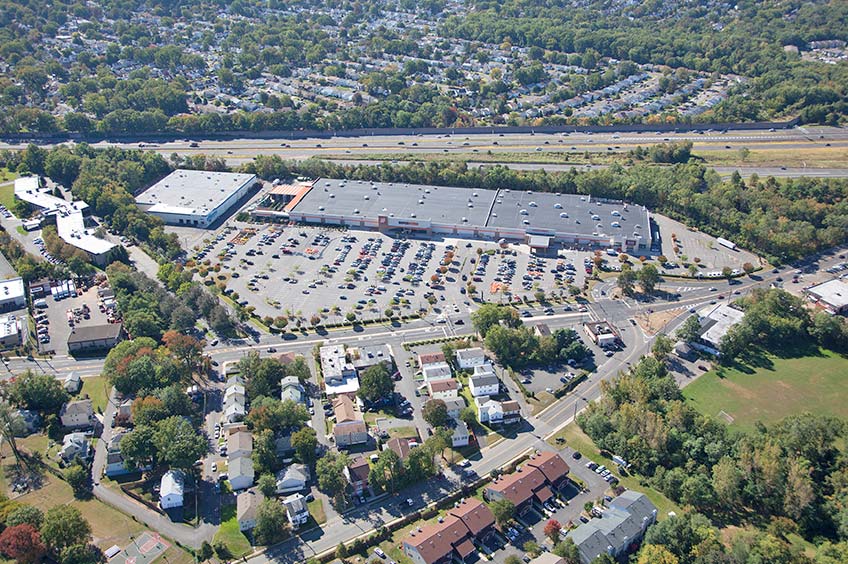 Aerial view of Union (Vauxhall) shopping center and its adjacent parking lot, captured from a high vantage point.